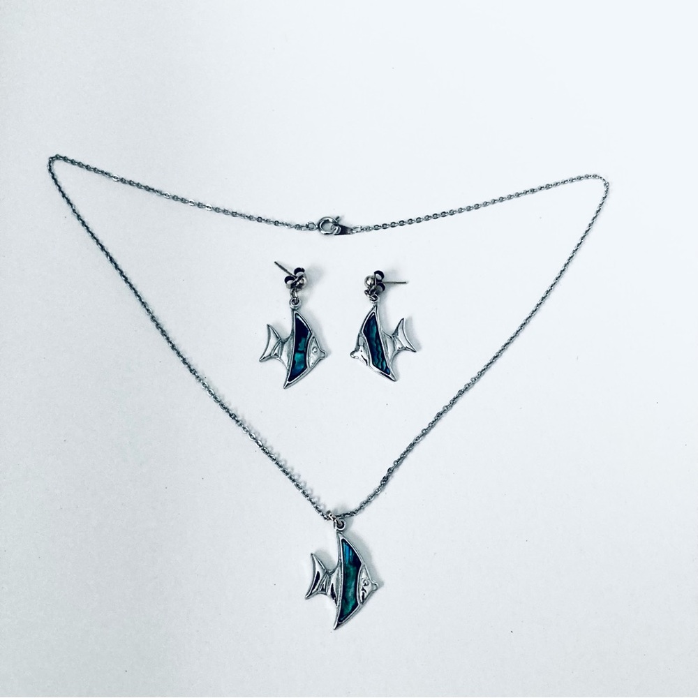 Angel Fish Abalone Sterling Silver Earrings & Necklace Set
